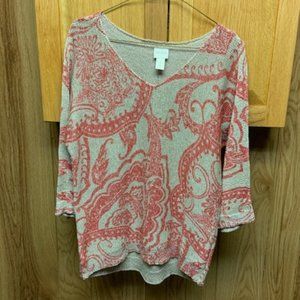 Chico's women’s tan and orange V-neck long sleeve lightweight sweater / size 1